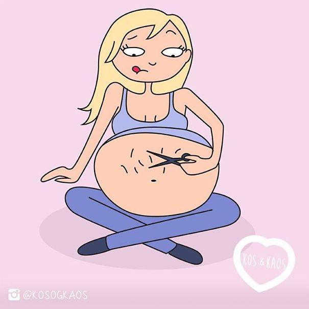 iluistración de una mujer embarazada recortando los bellos de su barriga 