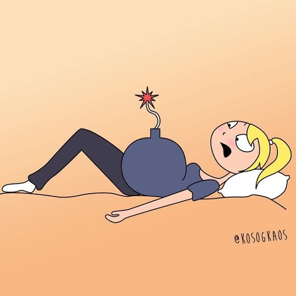 animación de una mujer embarazada que su barriga tiene forma de una bomba de tiempo 