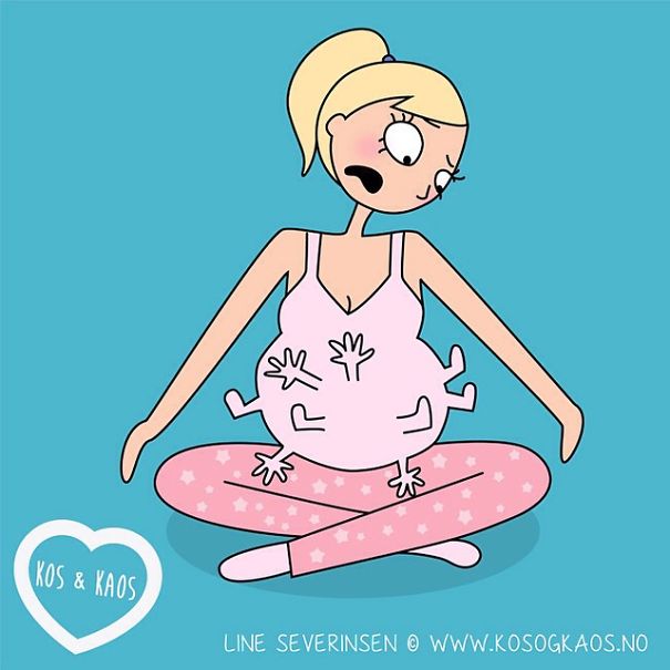 ilustración animada de una mujer embarazada con manos pies por toda su panza 