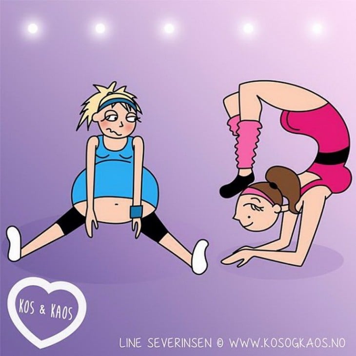 ilustración de una mujer embarazada intentando hacer ejercicio junto a una mujer delgada 