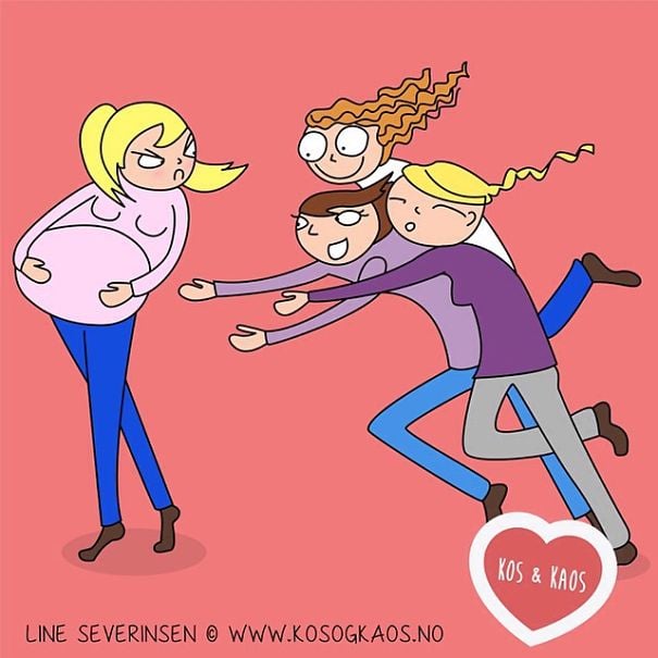 imagen que muestra las animaciones de algunas personas intentando tocar el vientre de una chica embarazada 