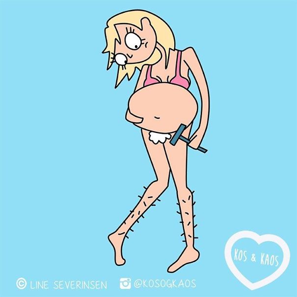 ilustración de una mujer embarazada que intenta depilarse con su barriga 