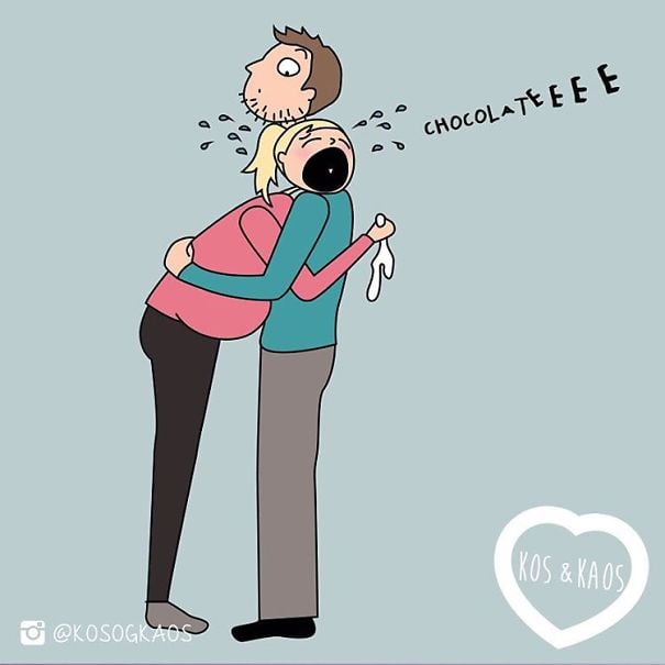 ilustración de una mujer embarazada llorando con su marido pidiendo chocolate 