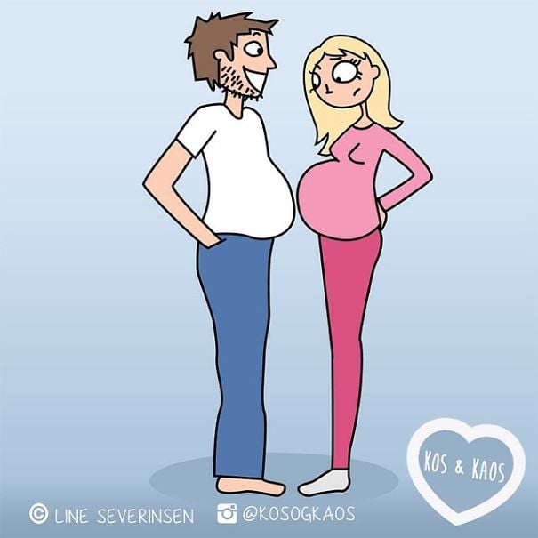 animación de una mujer embarazada frente a su esposo sacando la panza 