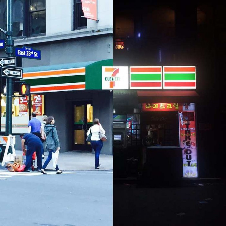 imagen de un 7 eleven de nueva york y de Seúl 