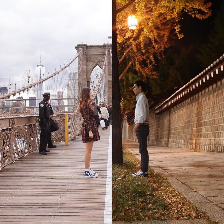 foto de dos personas en diferentes lugares que simula que se ven frente a frente 