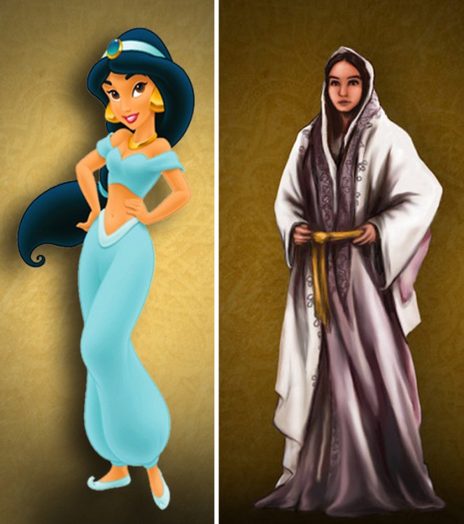 ilustración que muestra como luce y como debería lucir la princesa Jazmín de "Aladdin" 