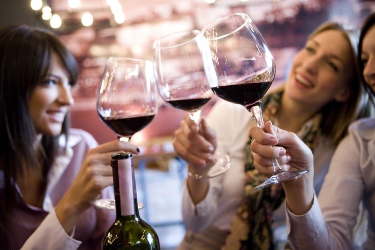 personas brindando con una copa de vino tinto 