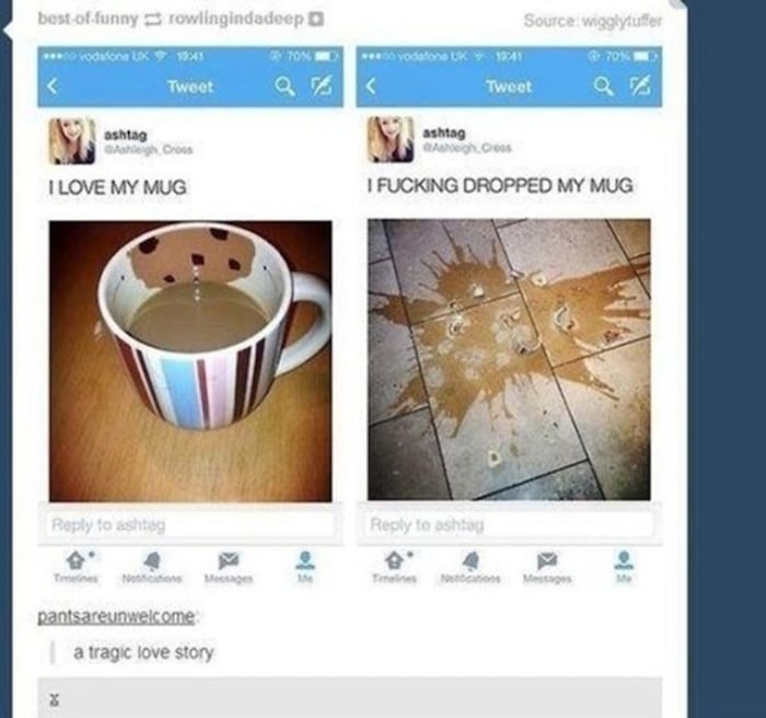 mujer que se le rompió su taza de chocolate porque la presumió en twitter
