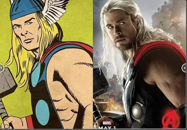 comparación del personaje de Thor en sus primeras apariciones y el poster de la nueva película de los Avengers