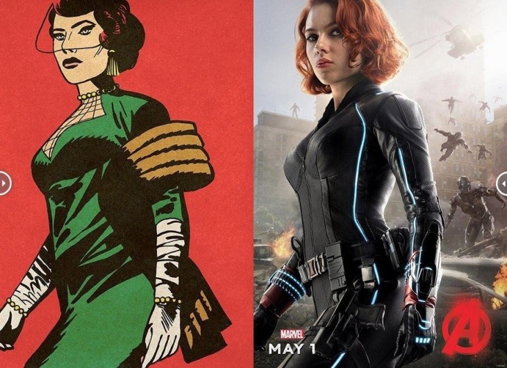 comparativa de las primeras apariciones de la viuda negra en los cómics con la nueva viuda negra de Los Avengers Age Of Utron 