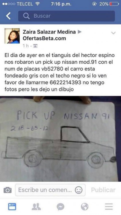 Captura de pantalla de Facebook del dibujo de una mujer buscando su camioneta pick up 