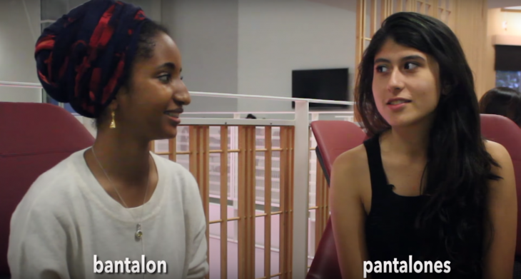 Barbara Estrada y Taylor Villanueva que encuentran la similitud de la palabra Pantalones en árabe y español