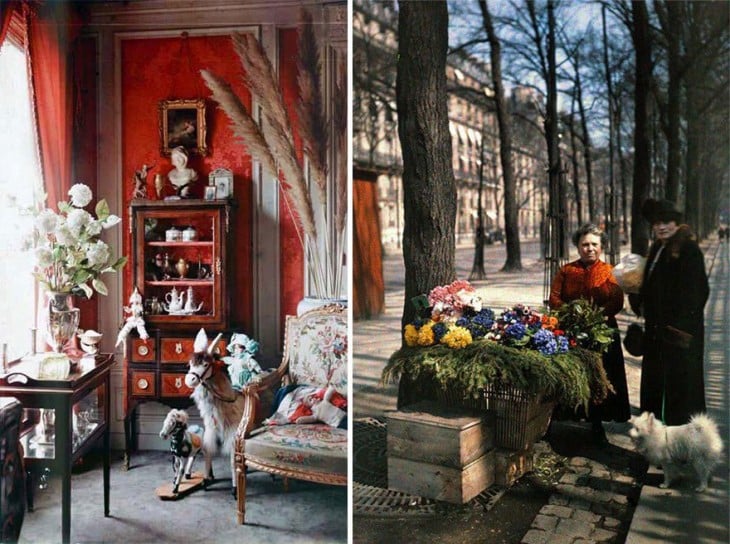 imagen dividida en dos que muestra una habitación y unas mujeres en las calles de París en 1914 