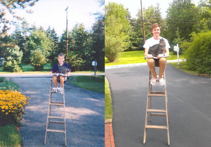 Chico en una foto del antes y después con su gato encima de una escalera 