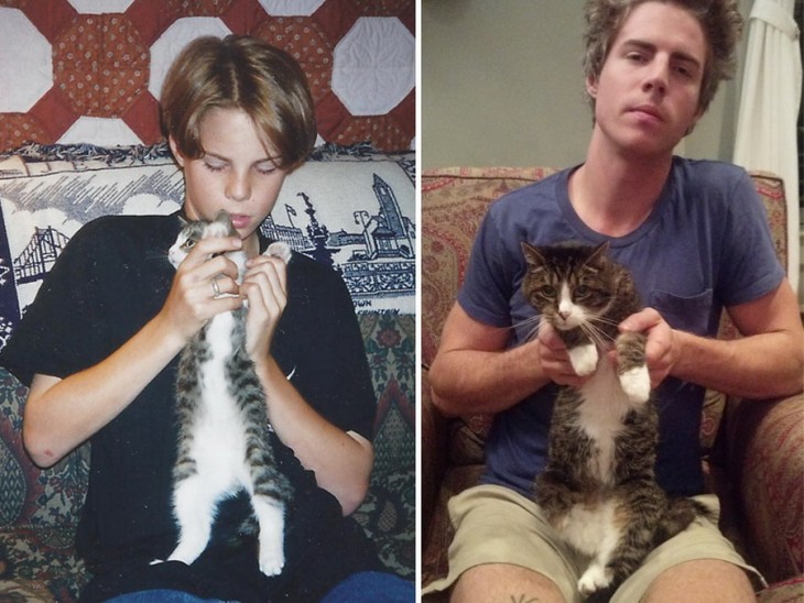 fotografía de años después de un chico con su gato 