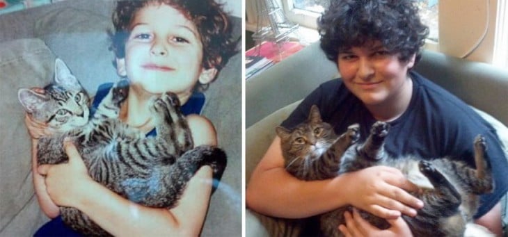 Fotografía del antes y después de un chico con su gato 