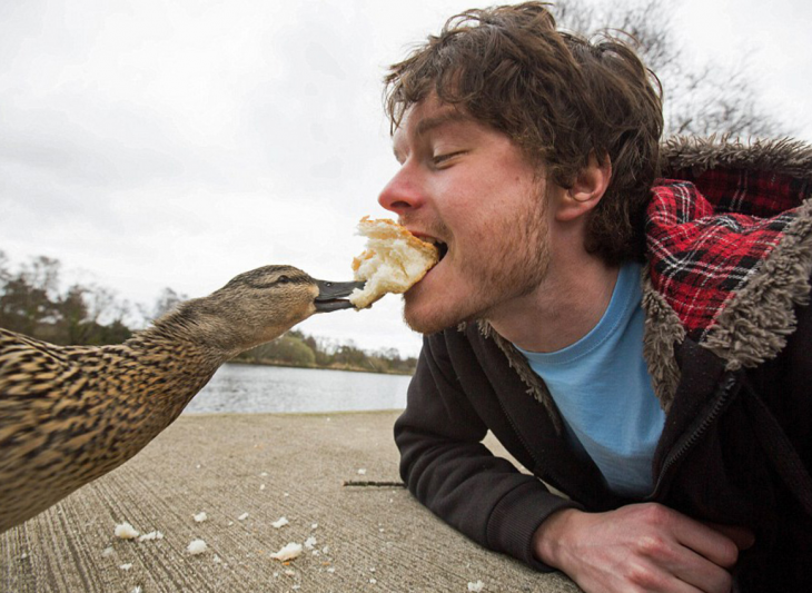 selfie de Allan Dixon dando de comer de su boca a un pato 