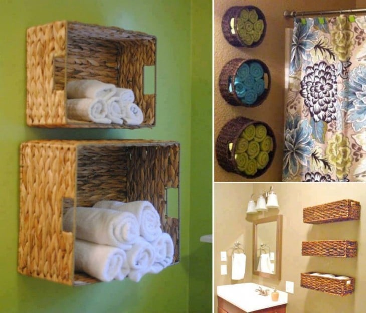 Canastas tejidas fijas en la pared como repisas de toallas dentro de un baño 