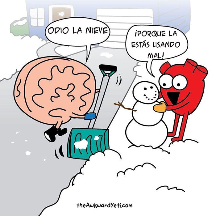 Ilustración de un corazón y un cerebro jugando con la nieve 