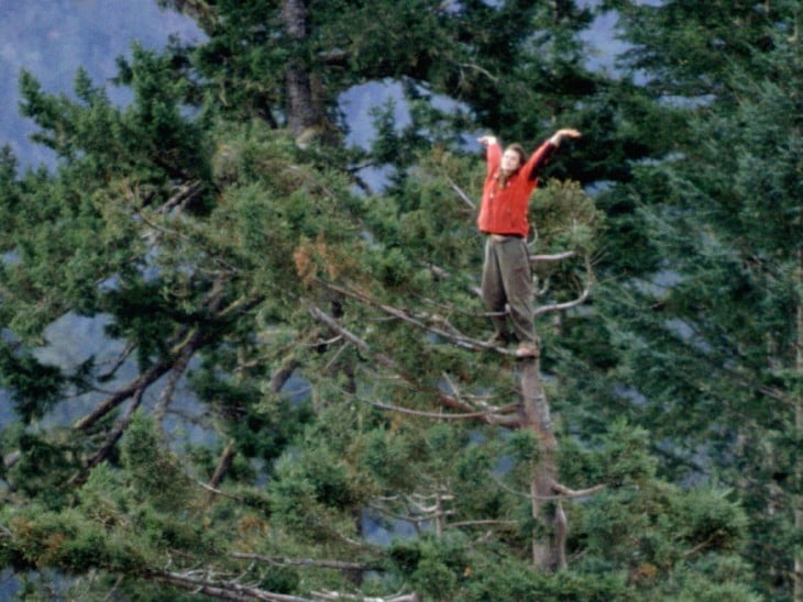 JULIA EN LA COPA DEL ARBOL SIN ARNES Y SIN PROTECCIÓN GOZANDO DE LA NATURALEZA