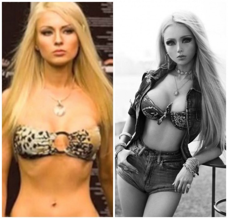 comparación del cuerpo de Valeria Lukyanova antes y después de sus operaciones 