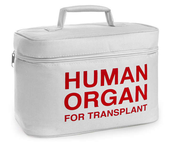 Lonchera blanca con la frase "Human Organ For Transplant"