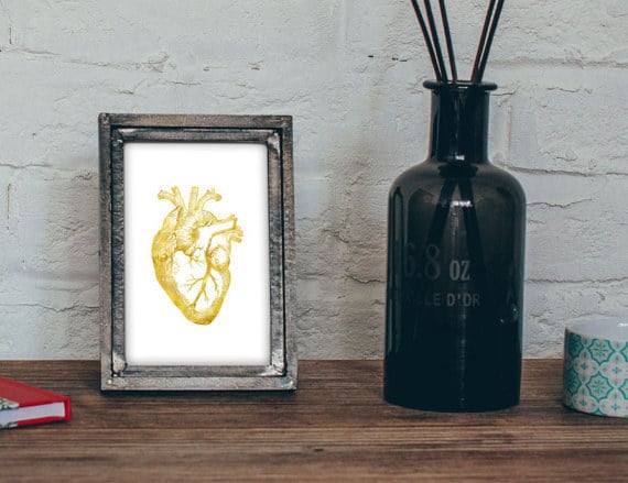mesa de una casa con un portaretratos de la anatomía de un corazón 