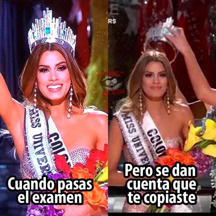 meme de miss universo cuando pasas el examen pero saben que copiaste 