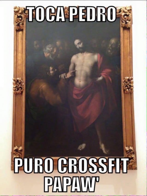 Cuadro de la obra de arte donde sale Jesucristo "toca pedro puro crossfit papaw´"