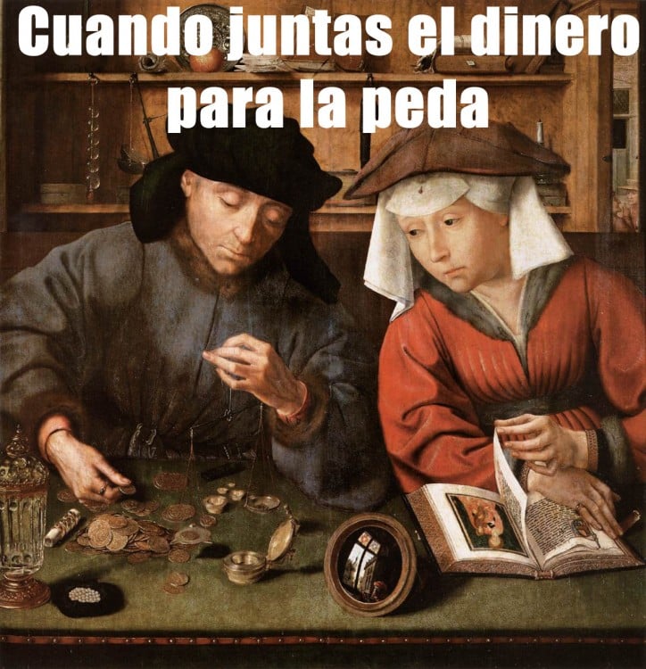 meme renacentista de dos personas juntado el dinero para la peda 