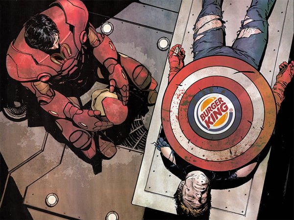 Iron Man patrocinado por Mc Donald´s y Capitán América patrocinado por Burguer King 