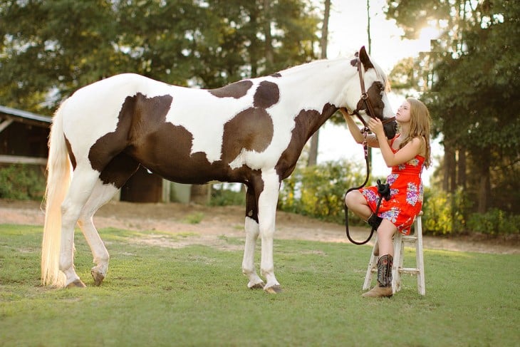 caballo raza paint con manchas y su dueña