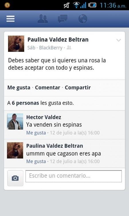 captura de pantalla de facebook de un padre que le comenta a su hija su estatus 