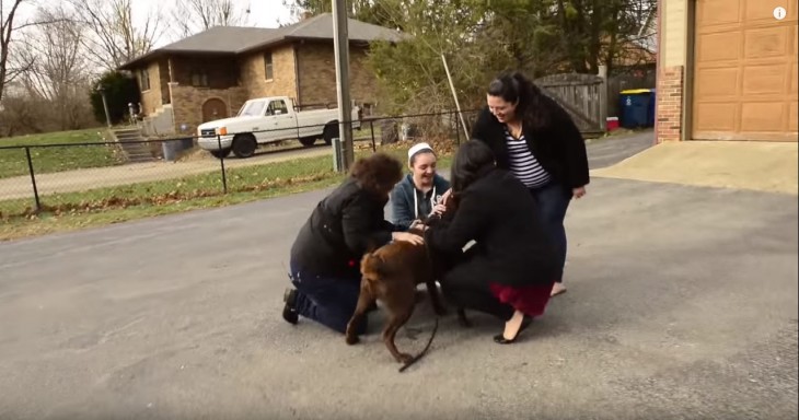 Mujeres reencontrándose con su perro perdido Chuckie 