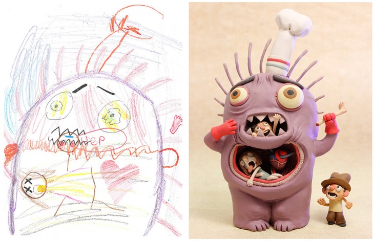 antes y después de un dibujo de monstruo recreado por el proyecto Monster 