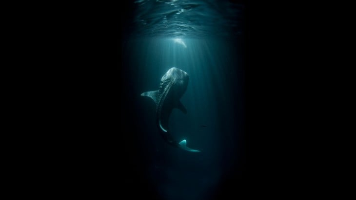 Fotografía debajo del mar de una ballena que está a punto de salir del mar 