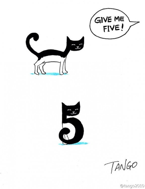 Ilustración de un gato que simula ser un número 5 