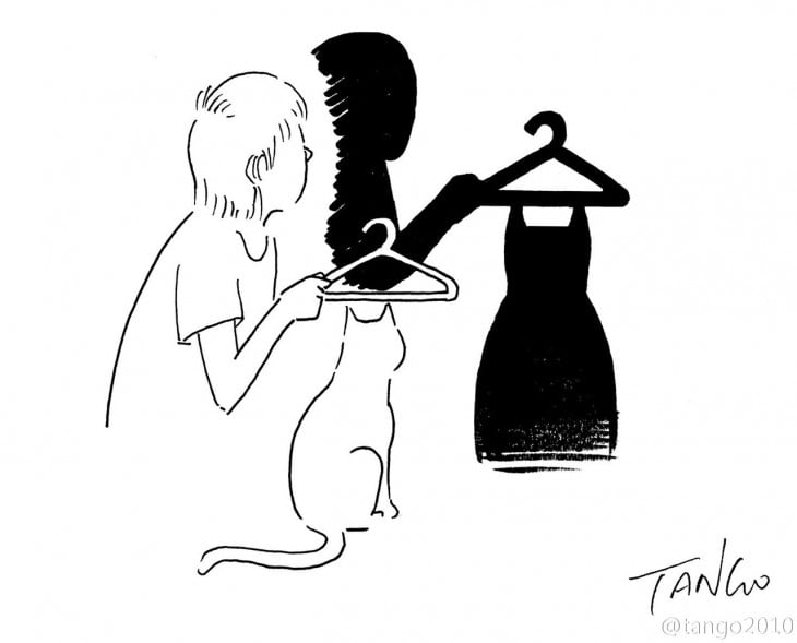 dibujo de un chico con un gato que en la sombra simula traer un vestido 