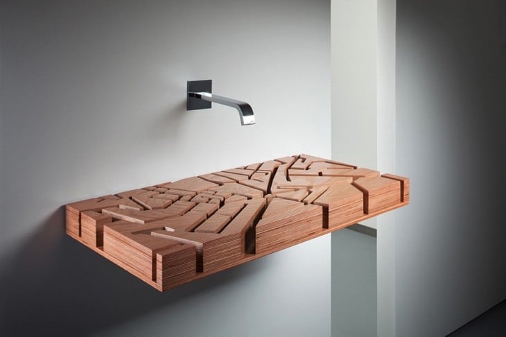 lavabo de baño moderno con base de madera con diseños minimalistas 