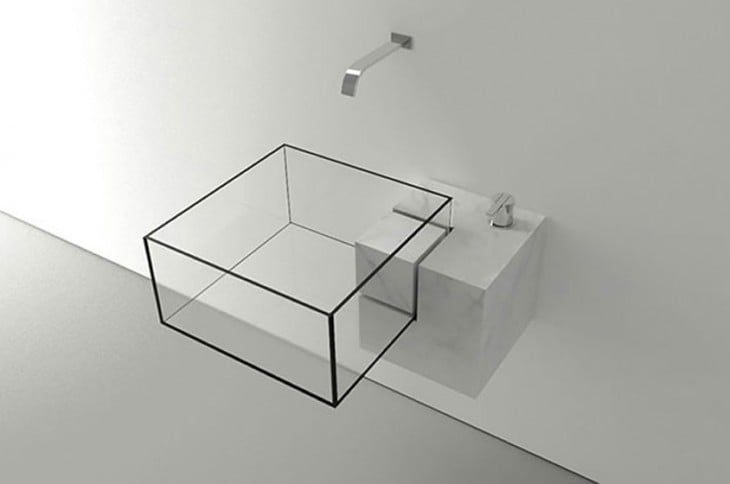 lavabo de baño en forma de un cubo de vidrio 