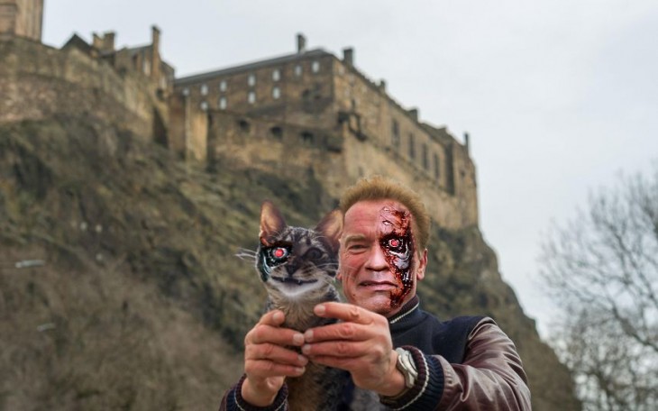 Photoshop de selfie de Arnold con un gato de ojo de terminator 