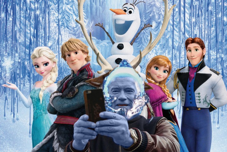 Photoshop de una selfie de Arnold con el fondo de los personajes de la película Frozen 