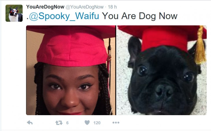 mujer de color con su perro francés recién graduado