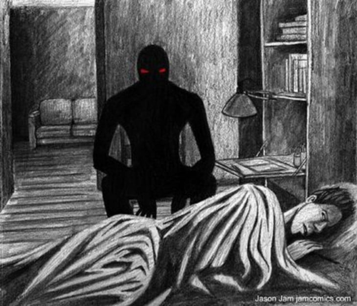 dibujo de una persona acostada en su cama mientras una sombra negra lo observa 