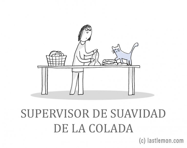 Ilustración que muestra a una persona doblando su ropa con un gato a un lado 