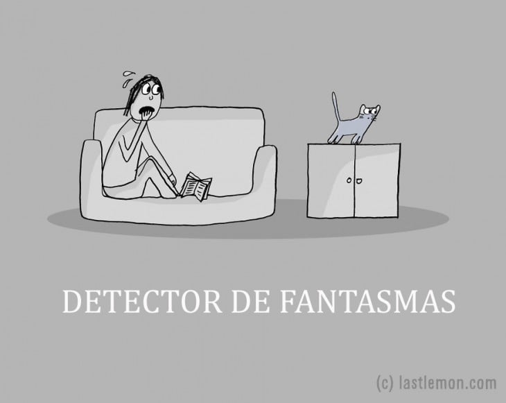 ilustración de una persona sentada en un sillón con un gato arriba de un mueble 