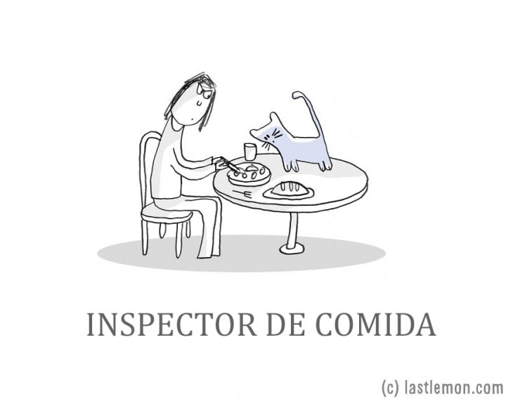 ilustración de una persona comiendo mientras su gato lo mira en la mesa 