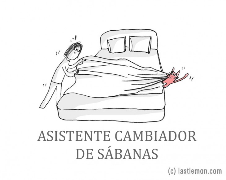 ilustración que muestra una persona tendiendo la cama con ayuda de su gato 