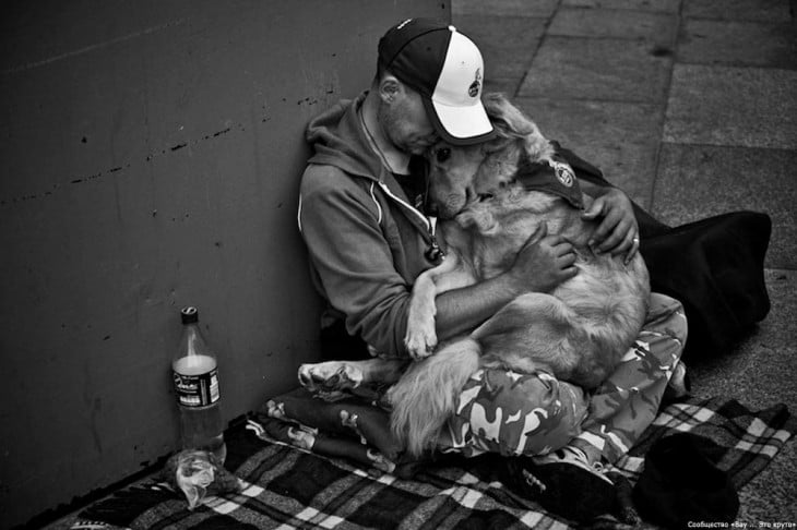 perro y amigo en la calles juntos demostrando su amor